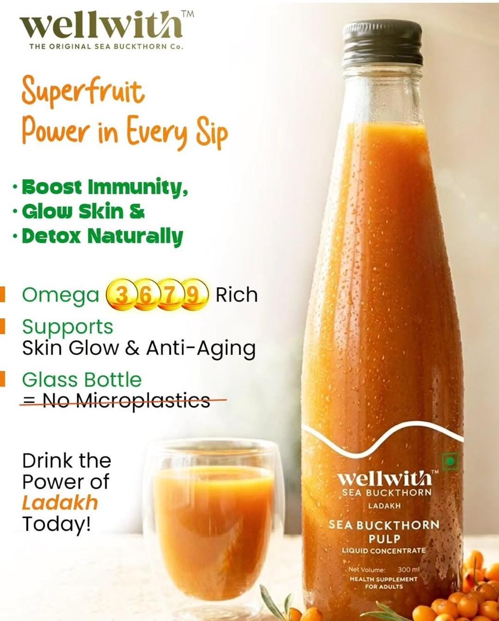 Sea Buckthorn Juice (Pulp) 300ml | For Skin, Immunity & Gut Health