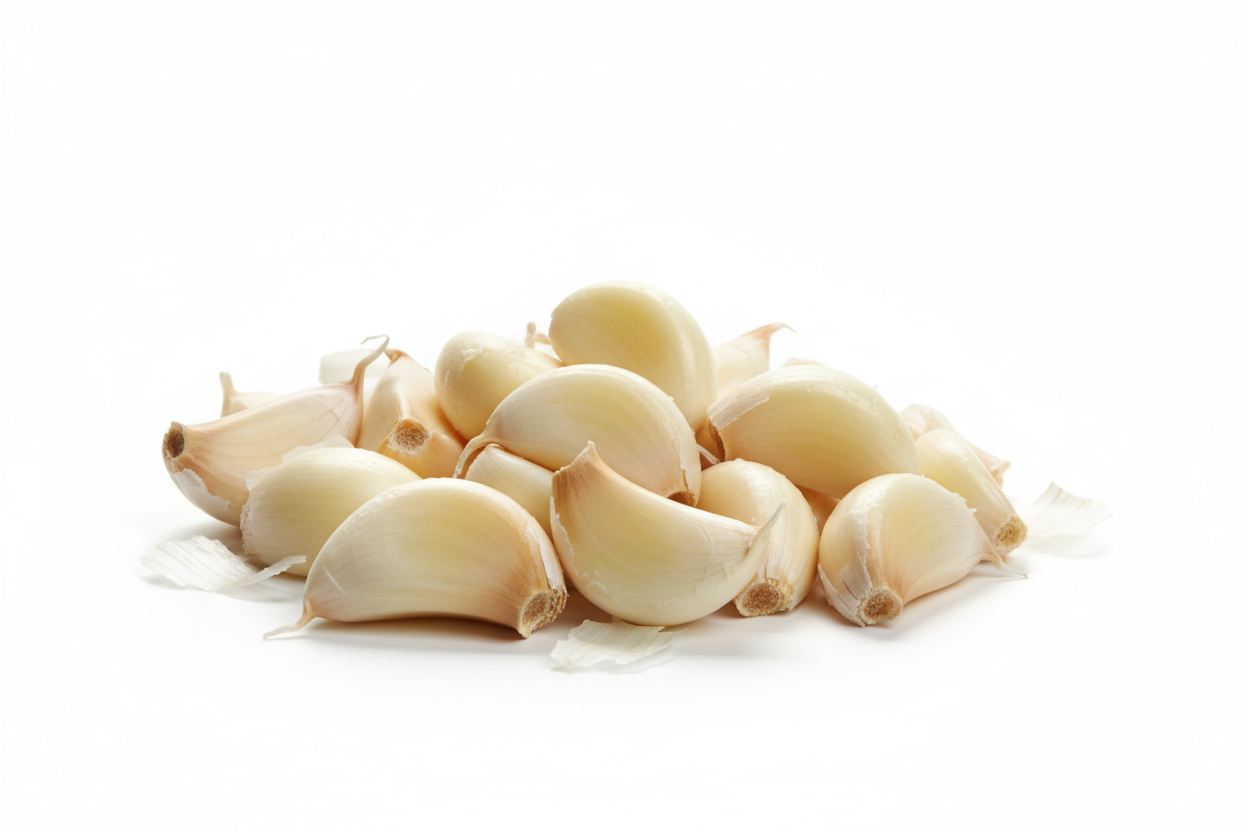 peeled garlics in white background